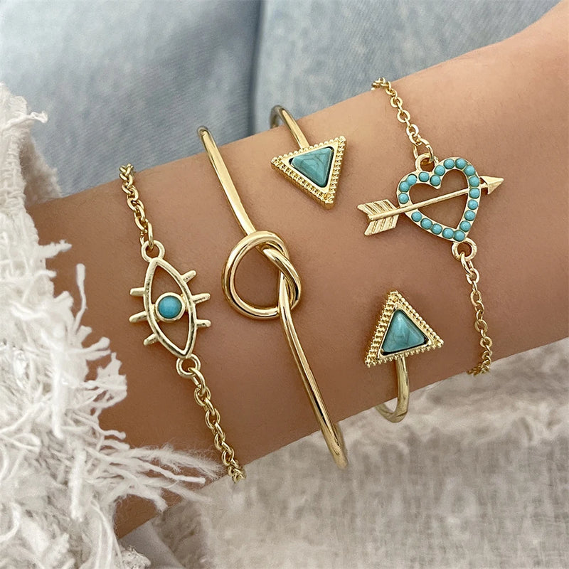 Conjunto Feminino de 5 pcs Pulseira Boho Turquesa